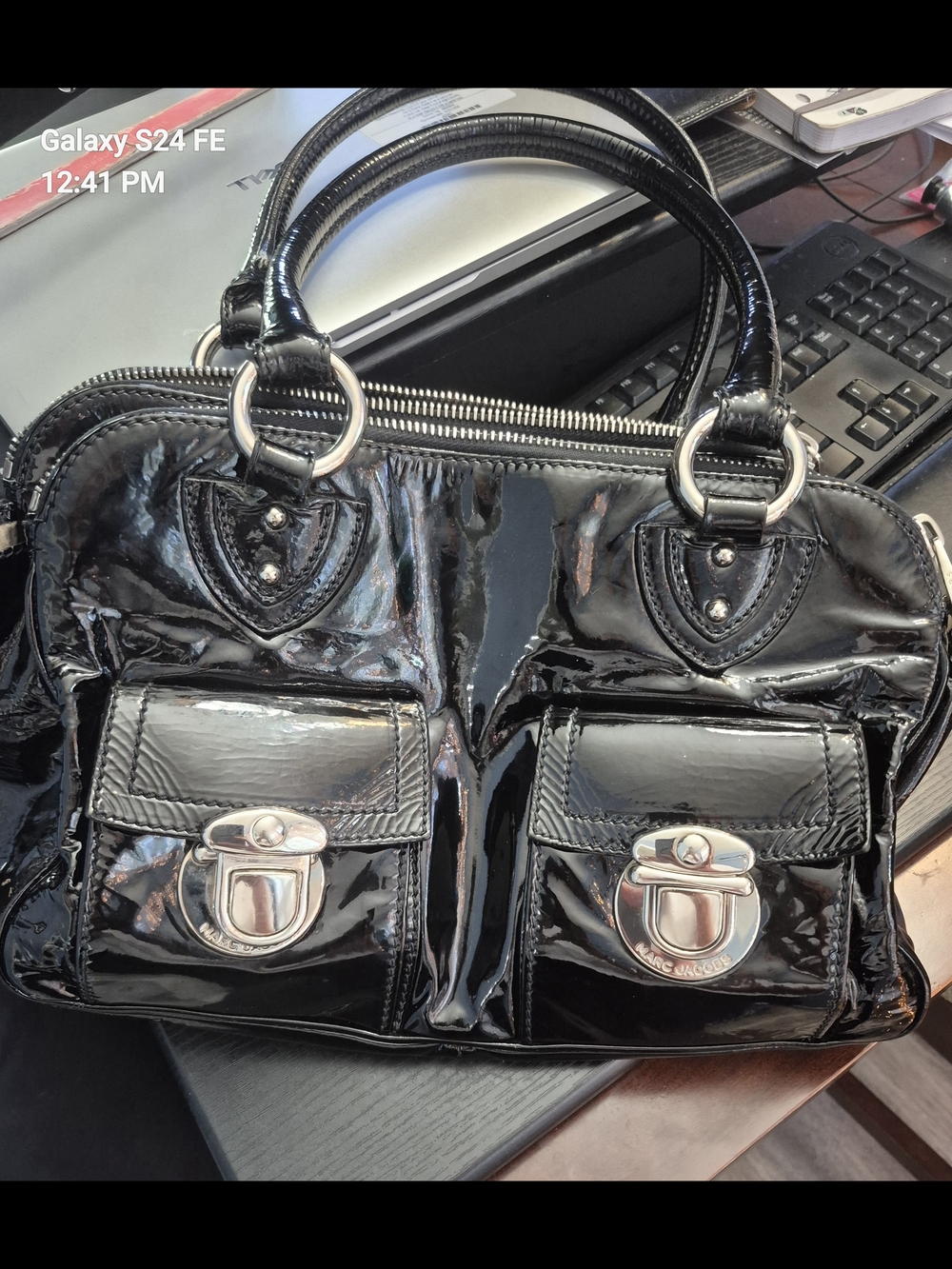 Marc Jacobs Iconic Black Patent Leather Satchel with Front Pockets
